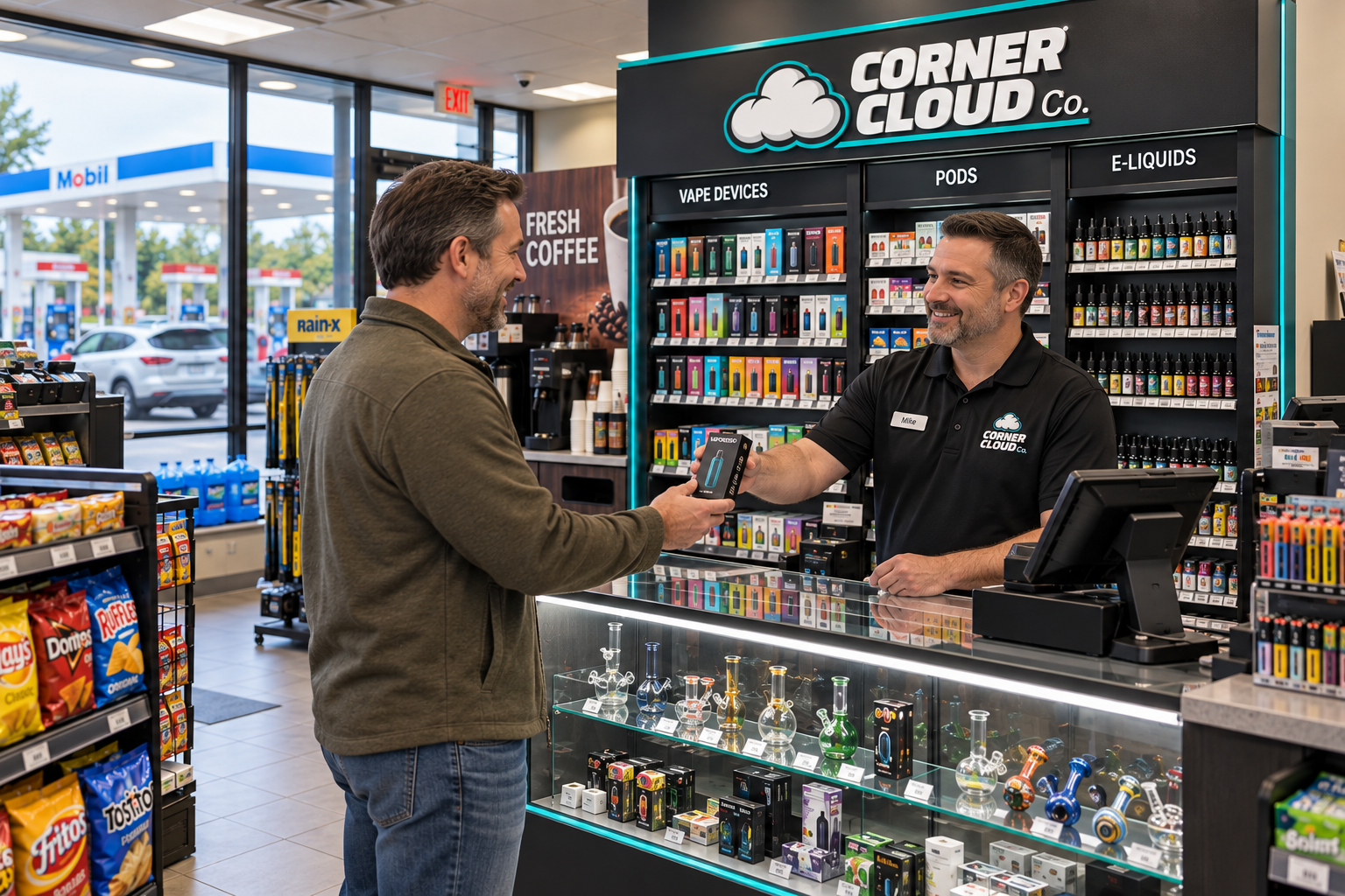 An adult customer getting help with a boxed device at a Corner Cloud convenience store counter