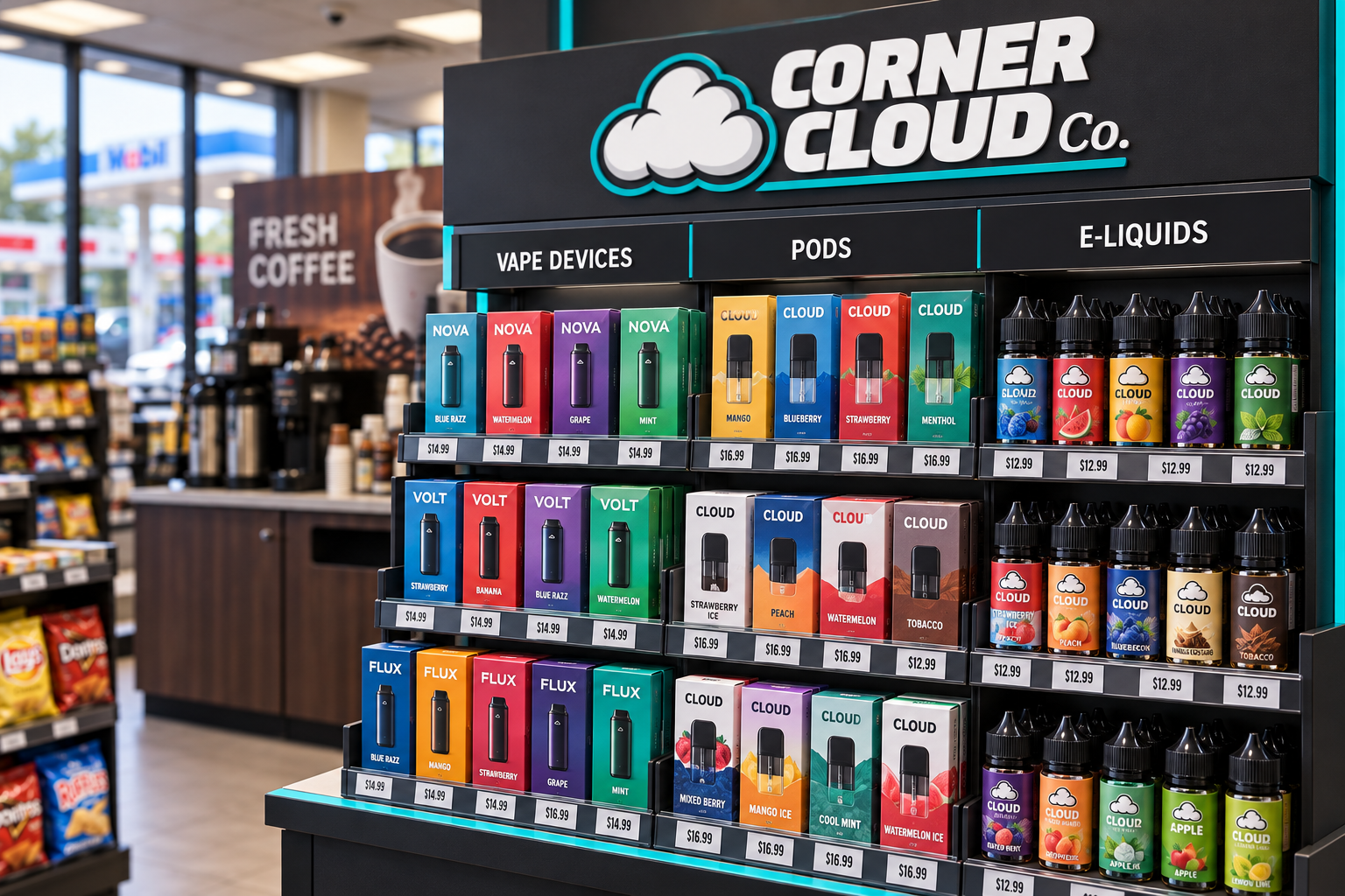 Concept display of packaged vape devices and bottled e-liquids
