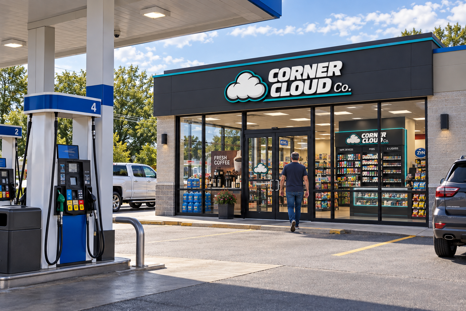A concept gas station storefront with a Corner Cloud display visible inside